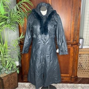 Lulu Leather Trench Coat with Fur Lined Hood Womens Size XL